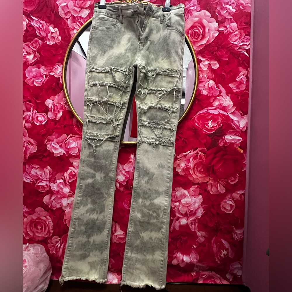Distressed Tie-Dye Straight-Leg Jeans - Gray